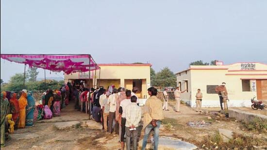 Voters stand in queues to cast their votes for the by-elections in Madhya Pradesh on Wednesday. (CEOMPElections- X)