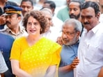 Priyanka Gandhi Vadra visits a polling booth to meet voters for the by-elections, in Wayanad on Wednesday. 