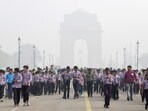 School students at Delhi's India Gate on Wednesday. School students at Delhi's India Gate on Wednesday.