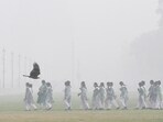Delhi school students visit Kartavya Path amid low visibility due to smog in New Delhi on Wednesday. Delhi school students visit Kartavya Path amid low visibility due to smog in New Delhi on Wednesday.