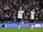 Tottenham Hotspur's Rodrigo Bentancur celebrates a goal with Son Heung-min.