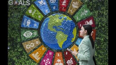 A person walks past art in the Turkey Pavilion at the COP29 U.N. Climate Summit, on Thursday, in Baku, Azerbaijan. (AP) A person walks past art in the Turkey Pavilion at the COP29 U.N. Climate Summit, on Thursday, in Baku, Azerbaijan. (AP)