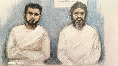 This court artist sketch by Elizabeth Cook shows Sara Sharif's father Urfan Sharif, right, and her uncle Faisal Malik appearing via video-link. (AP) This court artist sketch by Elizabeth Cook shows Sara Sharif's father Urfan Sharif, right, and her uncle Faisal Malik appearing via video-link. (AP)