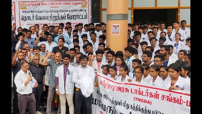 Doctors during a strike against the recent stabbing of Dr. Balaji Jagannathan at Chennai’s Kalaignar Centenary Super Speciality Hospital, at Government Rajaji Hospital, in Madurai, Thursday. (PTI) Doctors during a strike against the recent stabbing of Dr. Balaji Jagannathan at Chennai’s Kalaignar Centenary Super Speciality Hospital, at Government Rajaji Hospital, in Madurai, Thursday. (PTI)