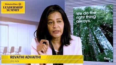 Flex CEO Revathi Advaithi during the 22nd edition of the Hindustan Times Leadership Summit. (HT Photo) Flex CEO Revathi Advaithi during the 22nd edition of the Hindustan Times Leadership Summit. (HT Photo)