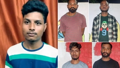 This combo image shows shooter Shivkumar (L) with (Top, L-R) Anurag Kashyap, Akash Srivastava, (Bottom, L-R) Gyan Prakash Tripathi and Akhilendra Pratap Singh after being arrested in connection with NCP leader Baba Siddique murder case. (PTI)
