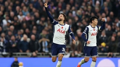 Tottenham Hotspur's Rodrigo Bentancur celebrates a goal with Son Heung-min. (REUTERS)