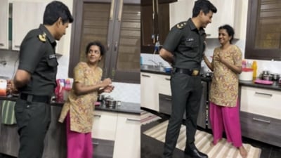Sivakarthikeyan's wife looked surprised then smiled to see his look as Major Mukund. Sivakarthikeyan's wife looked surprised then smiled to see his look as Major Mukund.