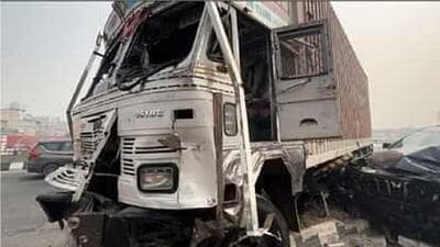 The truck involved in the accident in on Panipat elevated expressway. (HT Photo)