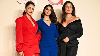 Brand Ambassadors Kiara, Suhana Khan and Kareena Kapoor pose together on the ‘peach carpet’. (AFP) Brand Ambassadors Kiara, Suhana Khan and Kareena Kapoor pose together on the ‘peach carpet’. (AFP)