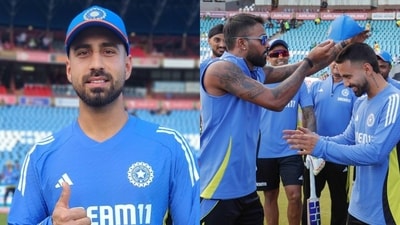 Ramandeep Singh receives his first international cap from Hardik Pandya at Supersport Park, Centurion.(BCCI)