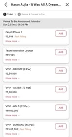 Tickets were priced as high as ₹2.5 lakh, ₹5 lakh and ₹10 lakh and are yet to be sold out. (BookMyShow) Tickets were priced as high as ₹2.5 lakh, ₹5 lakh and ₹10 lakh and are yet to be sold out. (BookMyShow)