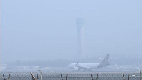 A view of the Terminal 3 during hazy conditions. (Vipin Kumar/HT Photo)
