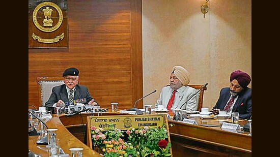 Lt Gen TS Shergill (retd) and other officials interacting with media in Chandigarh on Thursday. (Ravi Kumar/HT)