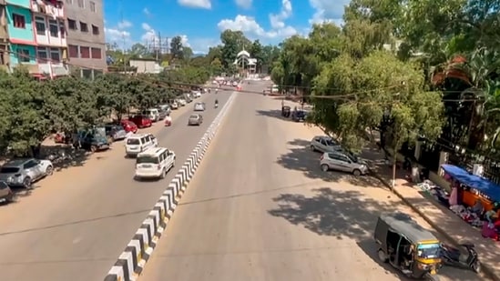 A near-deserted road after fresh violence in Manipur's Jiribam district. Kuki-Zo Council had called for a total shutdown on Tuesday to protest the CRPF encounter. (PTI)