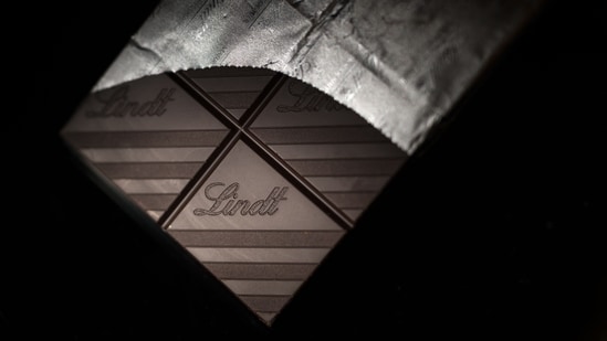A bar of Lindt chocolate is photographed in Lausanne, western Switzerland, on November 12, 2024. Top Swiss chocolatier Lindt & Sprungli is disputing claims brought by US consumers in a class action lawsuit concerning the levels of heavy metals found in its chocolate bars. (Fabrice Coffrini/AFP)