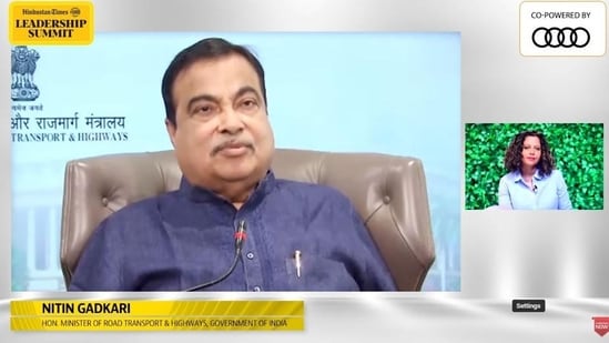 Union minister for road transport and highways Nitin Gadkari in conversation with Sunetra Choudhury, national political editor, during the Hindustan Times Leadership Summit 2024 (HT Photo)