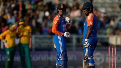 Samson had fallen for ducks in his last two matches but avoided another one in a brilliant first over from Marco Jansen. Samson put up an opening stand of 73 runs off just 35 balls with Abhishek Sharma. The latter fell off the second last ball of the powerplay to Lutho Sipamla having scored 36 in 18 balls. Abhishek took the partnership past 50 with a big six as India's opening stand clicked at long last. (AP) Samson had fallen for ducks in his last two matches but avoided another one in a brilliant first over from Marco Jansen. Samson put up an opening stand of 73 runs off just 35 balls with Abhishek Sharma. The latter fell off the second last ball of the powerplay to Lutho Sipamla having scored 36 in 18 balls. Abhishek took the partnership past 50 with a big six as India's opening stand clicked at long last. (AP)