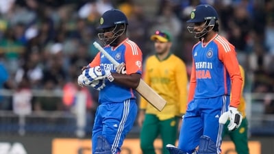 India's Sanju Samson, left, and his batting partner Tilak Varma, (AP/PTI Photo)(AP11_15_2024_000516B) (AP) India's Sanju Samson, left, and his batting partner Tilak Varma, (AP/PTI Photo)(AP11_15_2024_000516B) (AP)