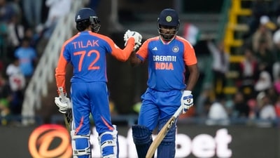 India's Sanju Samson, right, and batting partner Tilak Varma celebrate scoring runs during the fourth T20 cricket match against South Africa (AP) India's Sanju Samson, right, and batting partner Tilak Varma celebrate scoring runs during the fourth T20 cricket match against South Africa (AP)