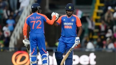 Tilak Varma and Sanju Samson blasted centuries and made records tumble as India thrashed South Africa by 135 runs in the fourth T20I at the Wanderers in Johannesburg. India have won the four-match series 3-1. (AP) Tilak Varma and Sanju Samson blasted centuries and made records tumble as India thrashed South Africa by 135 runs in the fourth T20I at the Wanderers in Johannesburg. India have won the four-match series 3-1. (AP)