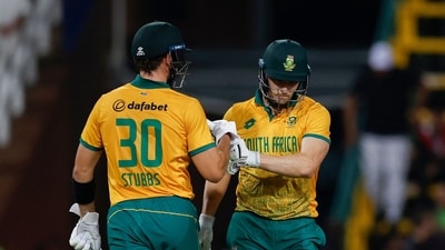 David Miller and Tristan Stubbs soldiered on for South Africa after they lost their first four wickets for just 10 runs until the 12th over, when the former fell to Varun Chakravarthy. Miller had scored 36 in 27 balls. (AFP) David Miller and Tristan Stubbs soldiered on for South Africa after they lost their first four wickets for just 10 runs until the 12th over, when the former fell to Varun Chakravarthy. Miller had scored 36 in 27 balls. (AFP)