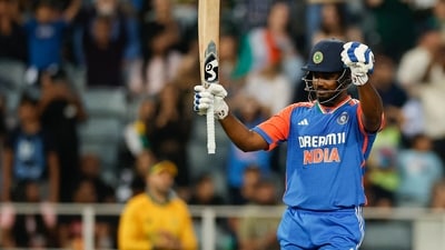 Samson was the first to get to a century. This is his third century in his last five T20I innings. Samson got to his ton in 51 balls and finished unbeaten on 109 off 56, with nine sixes and six fours. (AFP) Samson was the first to get to a century. This is his third century in his last five T20I innings. Samson got to his ton in 51 balls and finished unbeaten on 109 off 56, with nine sixes and six fours. (AFP)