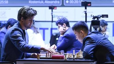 GM Magnus Carlsen in action against Uzbek GM Nodirbek Abdusattarov in TATA Steel Chess India in Kolkata on Friday. (Samir Jana/Hindustan Times) GM Magnus Carlsen in action against Uzbek GM Nodirbek Abdusattarov in TATA Steel Chess India in Kolkata on Friday. (Samir Jana/Hindustan Times)
