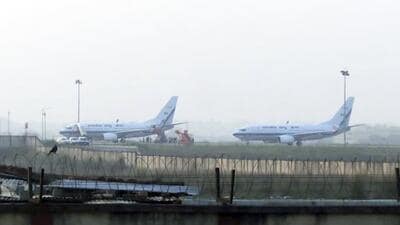 Prime Minister Narendra Modi's special IAF aircraft that developed a snag at the Deoghar airport in Jharkhand on Friday. (PTI Photo) Prime Minister Narendra Modi's special IAF aircraft that developed a snag at the Deoghar airport in Jharkhand on Friday. (PTI Photo)