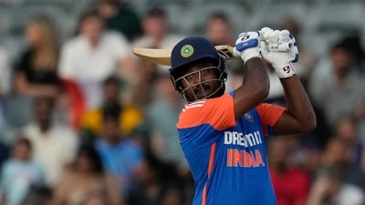 The visitors had raced past 100 in less than nine overs with Samson continuing to go big guns after the powerplay. He raced past 50 in just 28 balls. (AP) The visitors had raced past 100 in less than nine overs with Samson continuing to go big guns after the powerplay. He raced past 50 in just 28 balls. (AP)