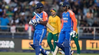 Samson and Tilak's stunning displays took India to a score of 283/1. Their partnership of 210* off 86 balls is the highest for the second wicket of below for any team and the highest ever partnership for any wicket for India in T20Is. (AP) Samson and Tilak's stunning displays took India to a score of 283/1. Their partnership of 210* off 86 balls is the highest for the second wicket of below for any team and the highest ever partnership for any wicket for India in T20Is. (AP)
