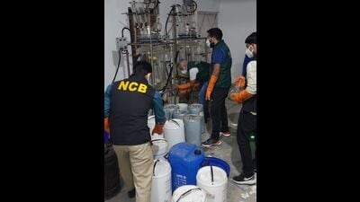 during the October 25 bust on a methamphetamine laboratory in Greater Noida run by the Mexican outfit Cartel De Jalisco Nueva Generacion (CJNG). (HT PHOTO) during the October 25 bust on a methamphetamine laboratory in Greater Noida run by the Mexican outfit Cartel De Jalisco Nueva Generacion (CJNG). (HT PHOTO)