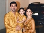Raha smiles as Ranbir Kapoor picks her up in his arms. Raha smiles as Ranbir Kapoor picks her up in his arms.