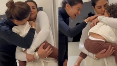 Priyanka Chopra gave her daughter a kiss and hugged her in a clip. 