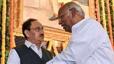 Congress president Mallikarjun Kharge and Union minister JP Nadda. (ANI) Congress president Mallikarjun Kharge and Union minister JP Nadda. (ANI)