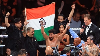 Earlier, in the first fight of the maincard, Neeraj Goyat celebrates after defeating Whindersson Nunes during the super middleweight bout at AT&T Stadium on November 15, 2024, in Arlington, Texas. (Getty Images via AFP) Earlier, in the first fight of the maincard, Neeraj Goyat celebrates after defeating Whindersson Nunes during the super middleweight bout at AT&T Stadium on November 15, 2024, in Arlington, Texas. (Getty Images via AFP)