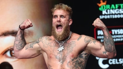 Jake Paul weighs in the day before his fight against Mike Tyson at the Toyota Music Factory.  Mandatory Credit: Kevin Jairaj-Imagn Images (USA TODAY Sports via Reuters Con)