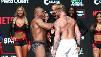 Mike Tyson slaps Jake Paul after weighing in at the Toyota Music Factory. (USA TODAY Sports via Reuters Con)