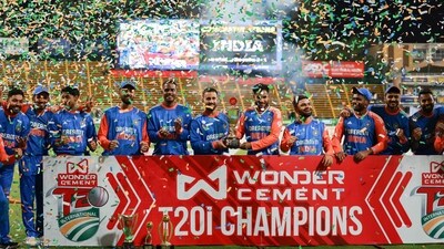 India players hold the trophy as they celebrate winning the T20 series vs South Africa. (AFP) India players hold the trophy as they celebrate winning the T20 series vs South Africa. (AFP)