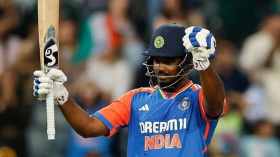 Sanju Samson celebrates after scoring a century during the fourth T20I at Wanderers stadium in Johannesburg. (AFP) Sanju Samson celebrates after scoring a century during the fourth T20I at Wanderers stadium in Johannesburg. (AFP)