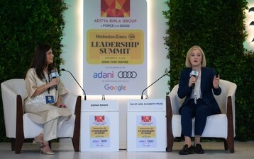 Rt. Hon. Elizabeth Truss in conversation with Sonia Singh, Anchor-Editor, NDTV Dialogues & Visiting Fellow, Cambridge Judge Business School at the Hindustan Times Leadership Summit 2024, in New Delhi. (Deepak Gupta/Hindustan Times)