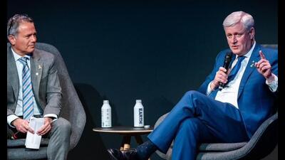 Former Canadian Prime Minister Stephen Harper (right) in conversation with AGPI founder and CEO Avid Benlolo at an event in Toronto on Wednesday. (Stephen Harper/X) Former Canadian Prime Minister Stephen Harper (right) in conversation with AGPI founder and CEO Avid Benlolo at an event in Toronto on Wednesday. (Stephen Harper/X)