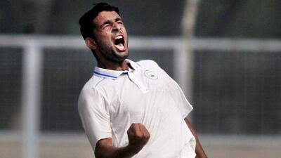Haryana's Anshul Kamboj celebrates after taking a wicket against Kerala during their Ranji Trophy match in Lahli. (PTI) Haryana's Anshul Kamboj celebrates after taking a wicket against Kerala during their Ranji Trophy match in Lahli. (PTI)