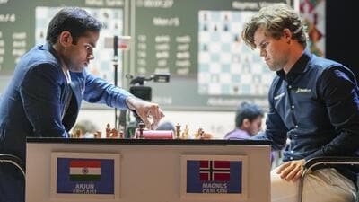 Indian GM Arjun Erigaisi plays five-time World Chess Champion Magnus Carlsen in the Tata Steel Chess India Blitz tournament in Kolkata on Saturday. (PTI) Indian GM Arjun Erigaisi plays five-time World Chess Champion Magnus Carlsen in the Tata Steel Chess India Blitz tournament in Kolkata on Saturday. (PTI)