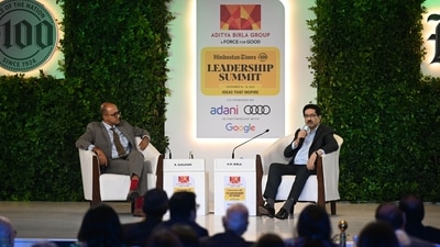 KM Birla, the chairman of the Aditya Birla Group, in conversation with Sukumar Ranganathan, Editor, Hindustan Times at the Hindustan Times Leadership Summit 2024 on November 16, 2024. (Salman Ali / Hindustan Times)