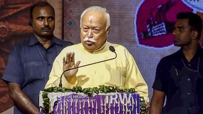RSS chief Mohan Bhagwat addresses a gathering during the inauguration of 'Vision for Viksit Bharat' conference at SGT University in Gurugram on Friday. (PTI) RSS chief Mohan Bhagwat addresses a gathering during the inauguration of 'Vision for Viksit Bharat' conference at SGT University in Gurugram on Friday. (PTI)
