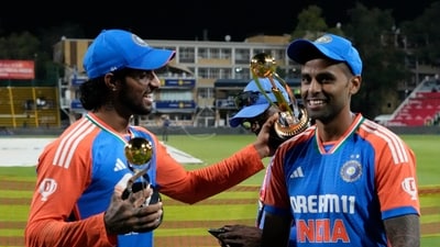 India's Tilak Varma, left, celebrates with captain Suryakumar Yadav after their win against South Africa. (AP) India's Tilak Varma, left, celebrates with captain Suryakumar Yadav after their win against South Africa. (AP)