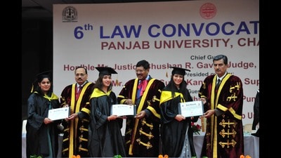 Students being awarded degrees during the sixth law convocation of University Institute of Legal Studies (UILS) at Panjab University, Chandigarh, on Saturday. (Sant Arora/HT) Students being awarded degrees during the sixth law convocation of University Institute of Legal Studies (UILS) at Panjab University, Chandigarh, on Saturday. (Sant Arora/HT)