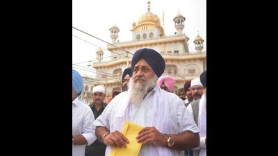 Sukhbir Singh Badal, then Shiromani Akali Dal (SAD) president, carrying an envelope containing a letter to be submitted to the Akal Takht at Golden Temple in Amritsar on November 13. (Sameer Sehgal/HT file) Sukhbir Singh Badal, then Shiromani Akali Dal (SAD) president, carrying an envelope containing a letter to be submitted to the Akal Takht at Golden Temple in Amritsar on November 13. (Sameer Sehgal/HT file)