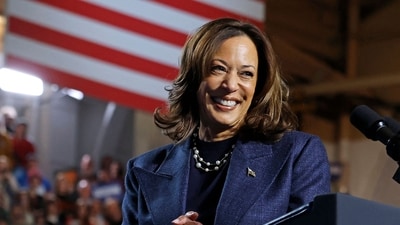 US Vice President and Democratic presidential nominee Kamala Harris smiles during a campaign rally at Michigan State University's Jenison Field House in East Lansing, Michigan, on November 3, 2024. (AFP) US Vice President and Democratic presidential nominee Kamala Harris smiles during a campaign rally at Michigan State University's Jenison Field House in East Lansing, Michigan, on November 3, 2024. (AFP)